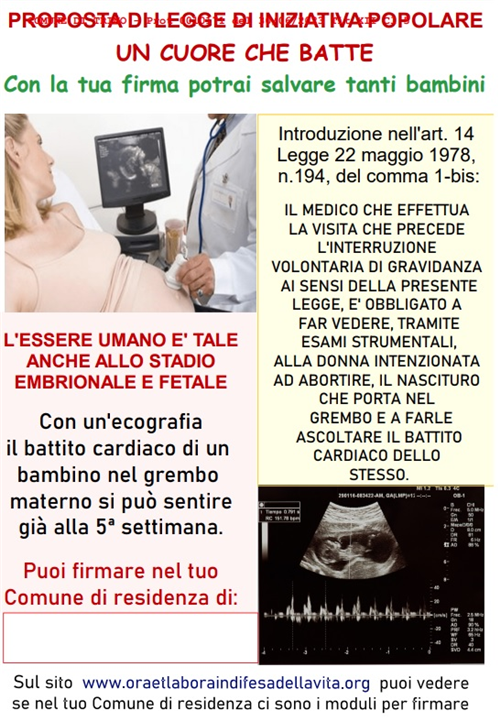 Proposta di legge di iniziativa popolare “Un cuore che batte”